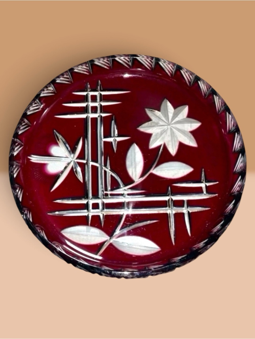 VTG Bohemian Ruby Red Cut to Clear Glass Plate Floral Starburst Etched Dish 11”
